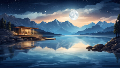 Background or backdrop for tourism with wooden cabin near the lake at stunning night - obrazy, fototapety, plakaty