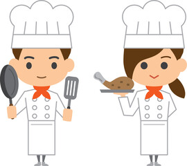 調理器具を持つコックのイメージイラスト（男女セット）