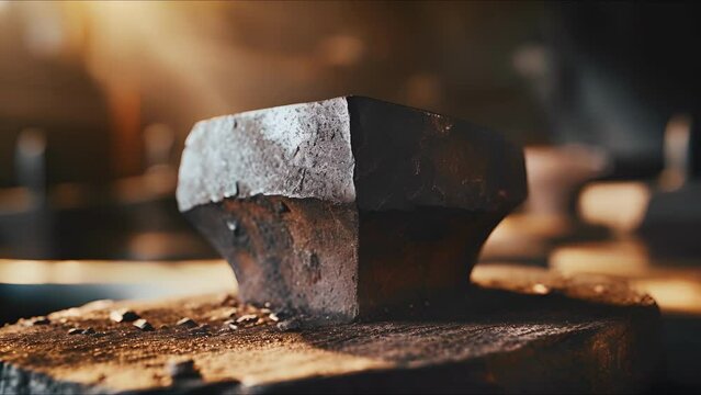 Closeup of a blacksmiths anvil, its surface worn and dented from years of hammering and shaping metal.