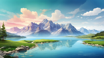 Decoration illustration of lake and mountains on shiny day
