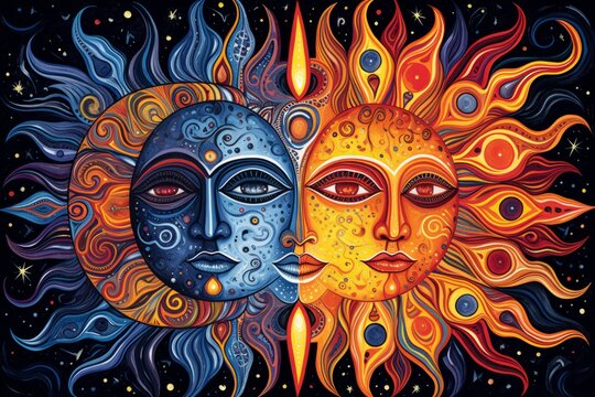 Big circle, half side as sun face and the other half as moon face, sun and moon artwork print wall art abstract canvas wall art, in the style of psychedelic patterns, surrealistic portrait