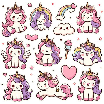 Cute cartoon unicorn stickers collection in hand drawn style