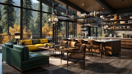 Modern house interior with large windows and forest view