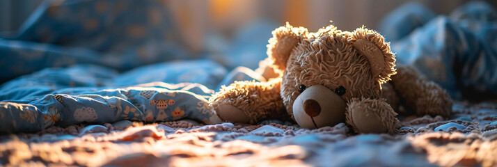 Teddy bear sitting on a hospital child's bed with soft morning light. Pediatric healthcare and comfort concept for design and print - obrazy, fototapety, plakaty