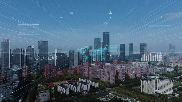smart Connected city skyline. Futuristic network concept, city Technology.