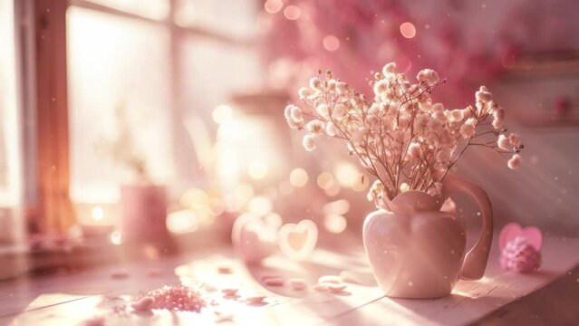 Beautiful romantic Valentine's Day background animation, dreamy mood with lovely hearts and morning lights, 4k loop