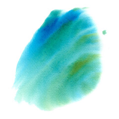 Watercolor stain with paper texture. Abstract spot in the colors of the sea. Soft transitions of blue, turquoise and green, imitation of ocean water. Illustration of paint splashes.