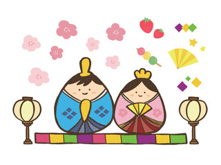 かわいいひな祭りのお雛様とお内裏様／手描きイラスト素材A