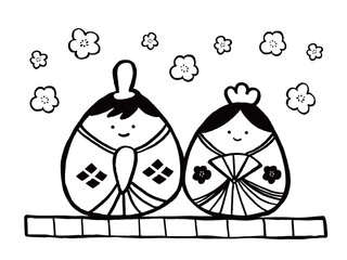 かわいいひな祭りのモノクロ塗り絵イラスト／手描きイラスト素材A