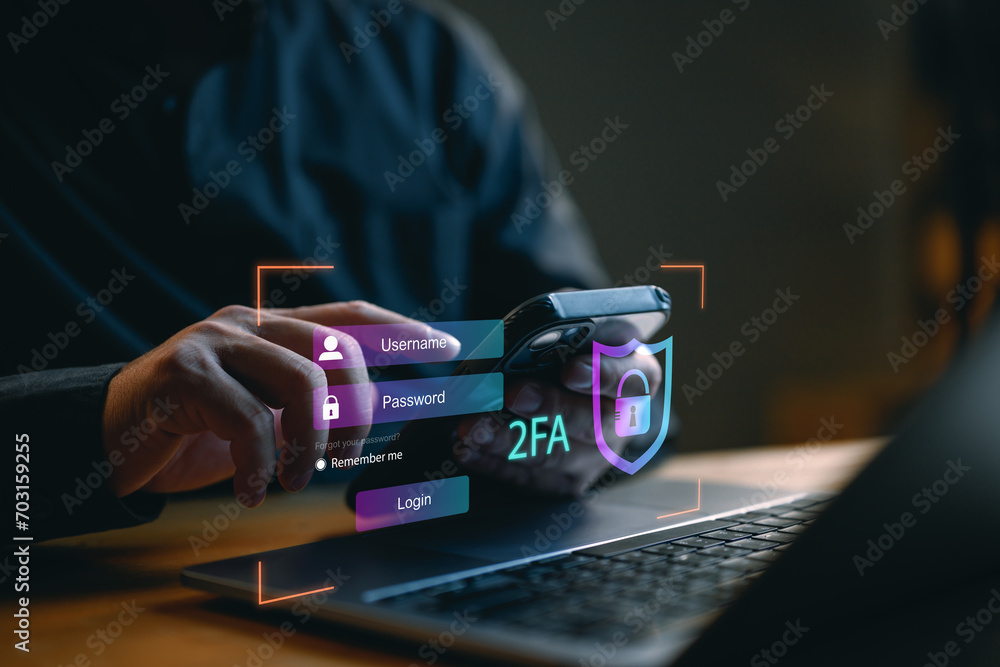 Poster Data protection with 2Fa, Two-Factor Authentication, Cybersecurity and privacy protect data. Internet network security technology. Encrypted data. Personal online privacy. Cyber hacker threat.