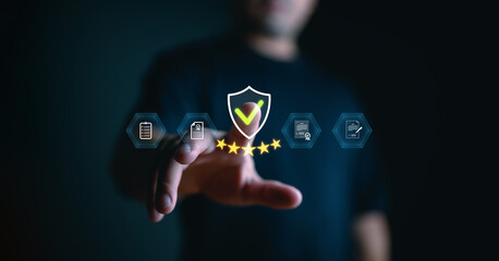 Service guarantee, clients service, businessman hand showing guarantee check mark for business automation process, quality assurance management, certification, online shopping, financial ecosystem.