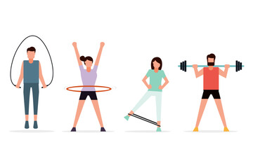 Men and Women who are exercising to stay healthy. Physical training. Exercise equipment. stretching, jumping rope, weight lifting, and sports. Vector illustration flat design style