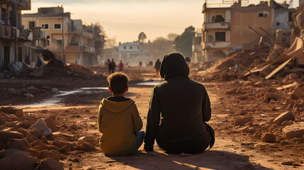 View of a child and a woman sitting in front of a poor area street in Morocco