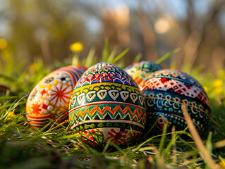 Hand-painted traditional Easter eggs in grass. Easter celebration and springtime holidays concept. Design for postcard, invitation with natural elements. Macro shot with selective focus