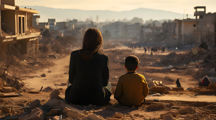 View of a child and a woman sitting in front of a poor area street in Morocco