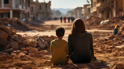 View of a child and a woman sitting in front of a poor area street in Morocco