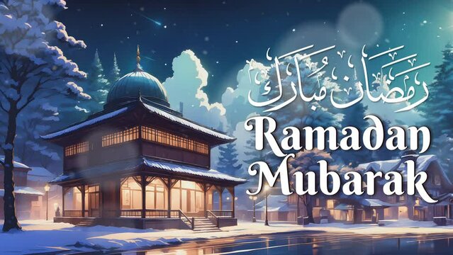 RAMADAN MUBARAK Arabic calligraphy - Text animation message with mosque illustration digital painting background. Seamless looping 4k video.
