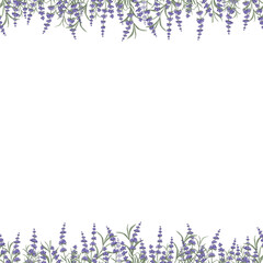Floral purple-lavender border made of lavender flowers and leaves, for the design of postcards, invitations, banners, packaging and wallpaper. A frame for your design. Vector illustration