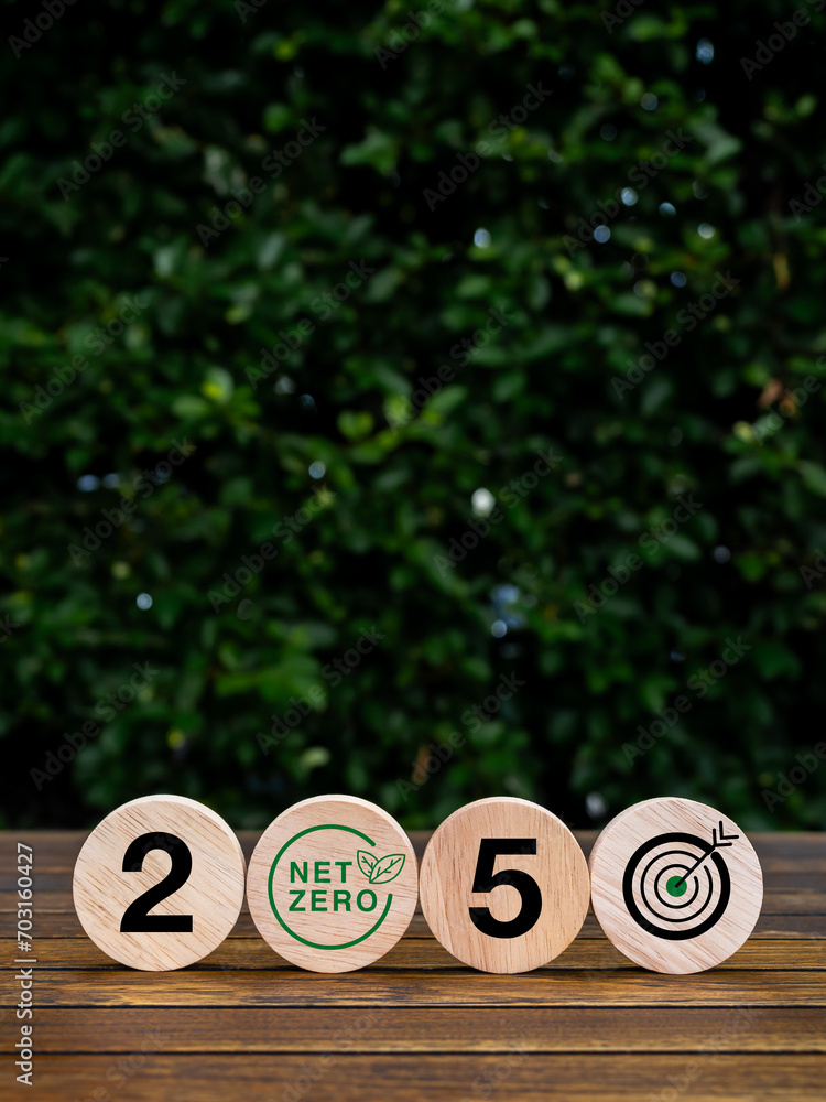 Aufkleber 2050 year number with net zero icon and target symbol on wooden blocks on green bush, vertical backg