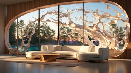 Fototapeta premium Modern living room interior design with large windows and curved walls