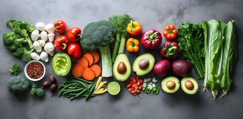 Various colorful vegetables and fruits arranged on a solid gray stone surface