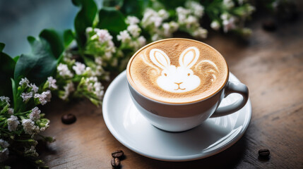 cup of cappuccino, easter latte art, bunny foam - obrazy, fototapety, plakaty