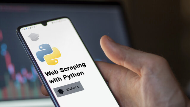 January 03th 2024. Student enrolls to Web Scraping with Python  program on a phone, upskilling certification by e-learning