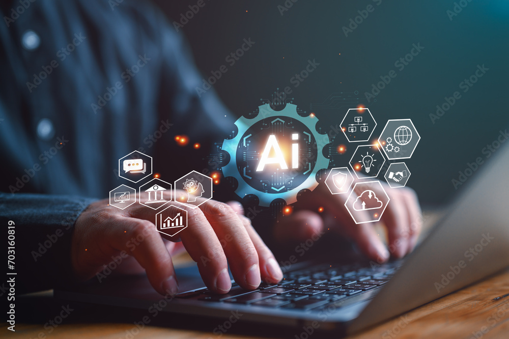 Aufkleber ai technology, artificial intelligence. man using technology smart robot ai, artificial intelligence