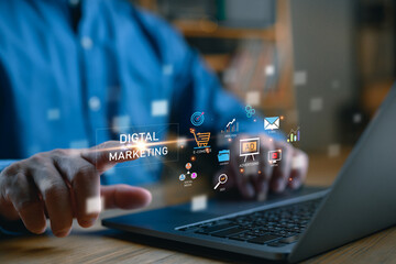 Digital online marketing commerce sale concept. Website advertising, Promotion of products or services through digital channels search engine, social media, email, Digital Marketing Strategy and Goals