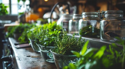 Fresh herbs in the chef's kitchen are ready to be chopped into food. - obrazy, fototapety, plakaty