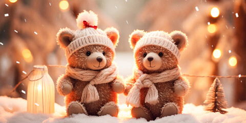 Teddy bears couple in love sitting on the white snow in the winter. Christmas decoration background