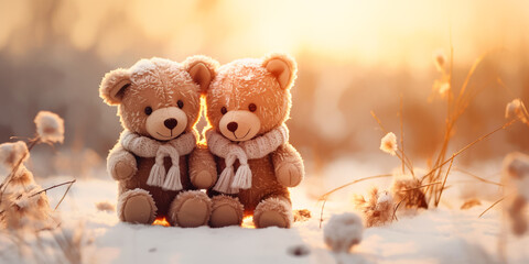 Teddy bears couple in love sitting on the white snow in the winter. Christmas decoration background