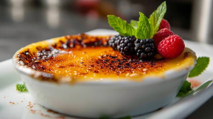 Close-up of creme brulee dessert , famous french cuisine burnt cream - Powered by Adobe