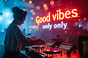 Good vibes only concept image with glowing written words good vibes only in a nightclub with a DJ...