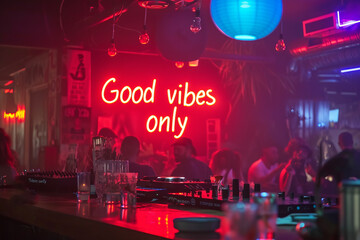 Good vibes only concept image with glowing written words good vibes only in a nightclub with a DJ to show a positive ambiance and attitude - obrazy, fototapety, plakaty