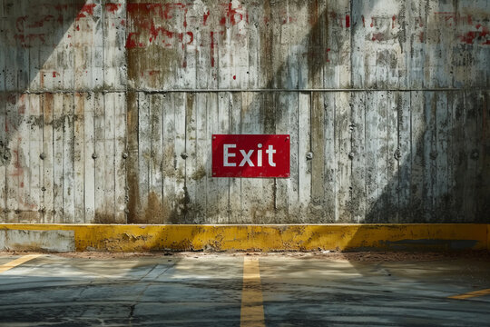 Exit concept image with Exit red sign with written exit word on a grey concrete wall
