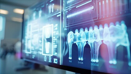 Closeup of a dental Xray image on a screen being analyzed and processed by AI dental software. - Powered by Adobe