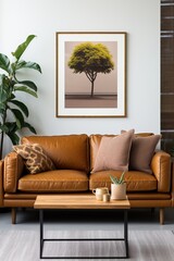 Modern living room interior with brown leather sofa and tree artwork