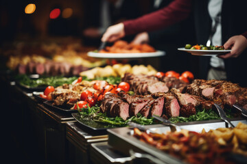 Group of people on catering buffet food indoor in restaurant with grilled meat. Buffet service for any festive event, party or wedding reception - obrazy, fototapety, plakaty