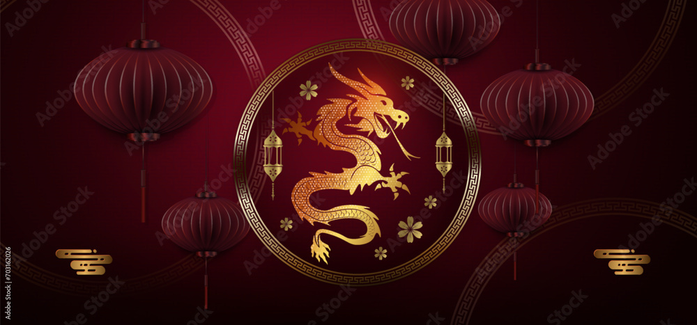 Canvas Prints chinese new year, texture dark red illustration with dragon in round frame and red lanterns.