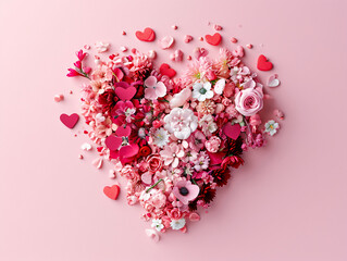 Fototapeta premium Valentine's day cover mockup. A heart decorated with small details. Neutral pink background. View from above. Isolated. Love letter. Mother's day. 8 march