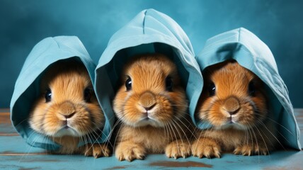 three little rabbits with hats or headscarves - obrazy, fototapety, plakaty