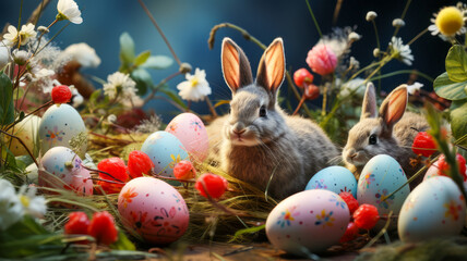 Easter bunny with colorful eggs