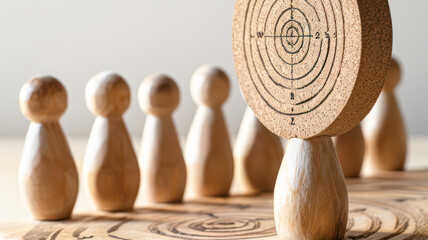 target and goal concept, Wooden figures standing around dartboard and arrow for creative and set up business objective target goal, marketing solution, target for business investment. - obrazy, fototapety, plakaty