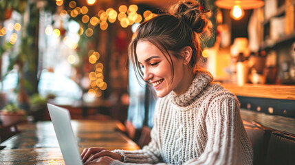 young beautiful caucasian woman wearing white sweater and eyeglasses using silver laptop in cafe	 - obrazy, fototapety, plakaty