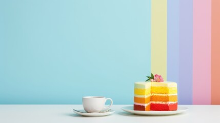Multicolored rainbow Cake with empty place for text. LGBT Round sweets decorated flowers on plate with copy space. Happy pride month and Birthday. Minimalist food concept with tea and pastry. - obrazy, fototapety, plakaty