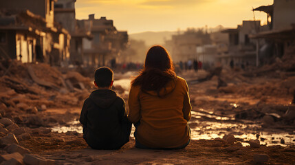 View of a child and a woman sitting in front of a poor area street in Morocco