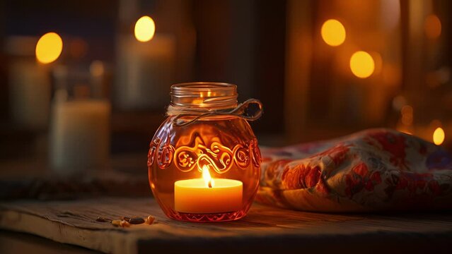 A cozy nook is filled with the warm glow of candles, as a lone jar of love potion sits a them, waiting to be used by lovestruck seekers.