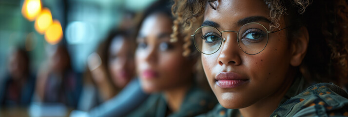 Portrait of three diverse women in casual clothing, focused on the confident woman with glasses in the foreground, no specific holiday or concept indicated