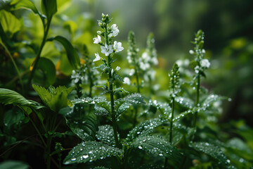 Fototapeta na wymiar Fresh white flowers with dewdrops on green leaves, symbolizing spring vitality or environmental preservation